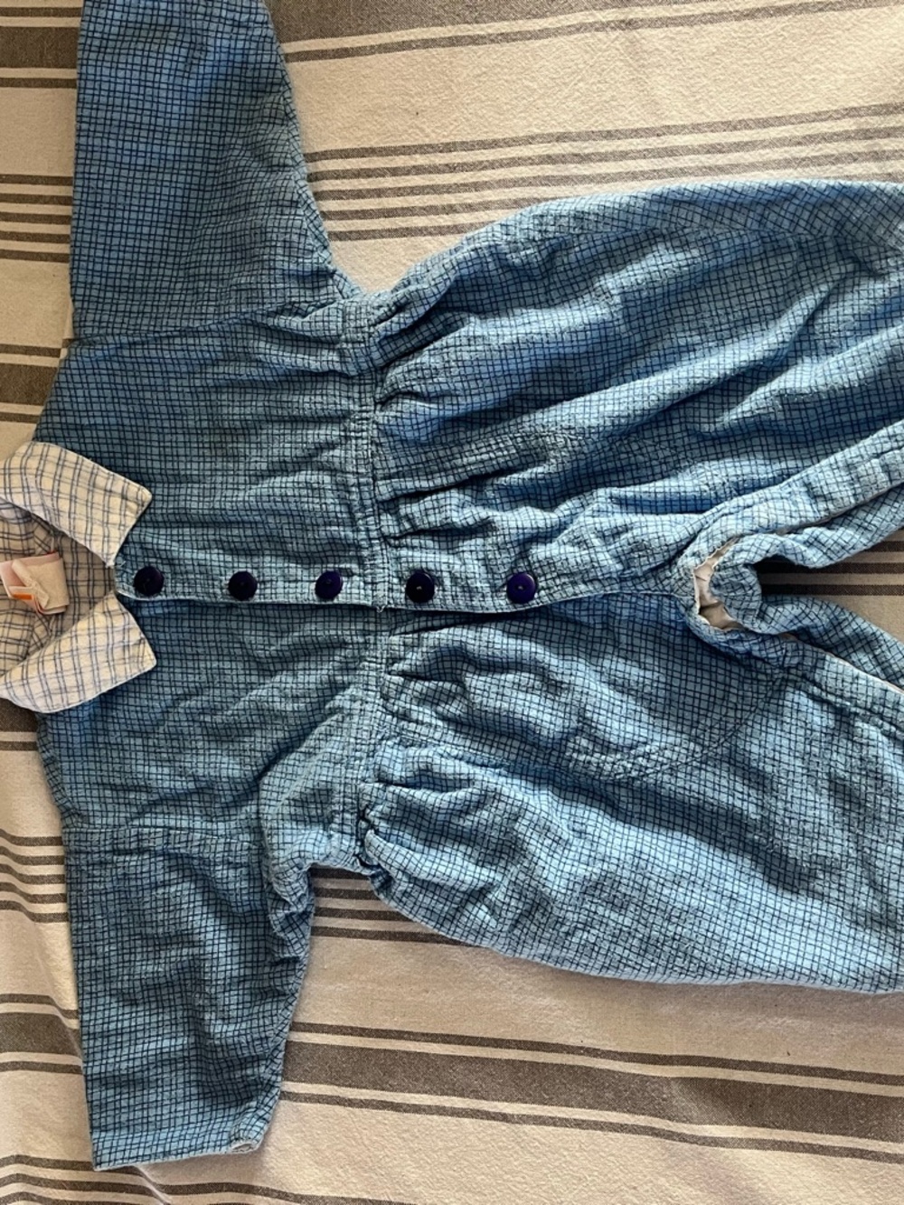 Blue Plaid Long-Sleeve Baby Romper with Contrasting Collar